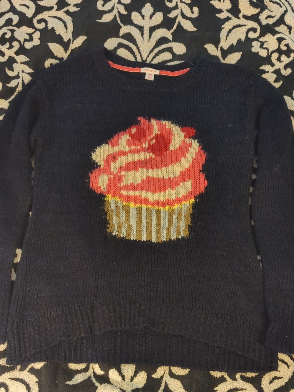 Y2K Xhilaration Navy Cupcake Crewneck Cable Knit Sweater - Pink & Cream Graphic